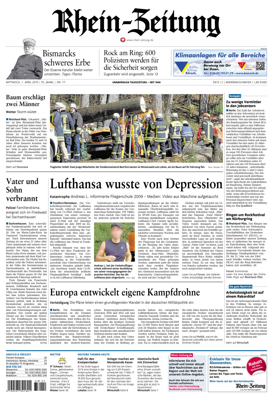 Rhein-Zeitung Andernach & Mayen vom Mittwoch, 01.04.2015