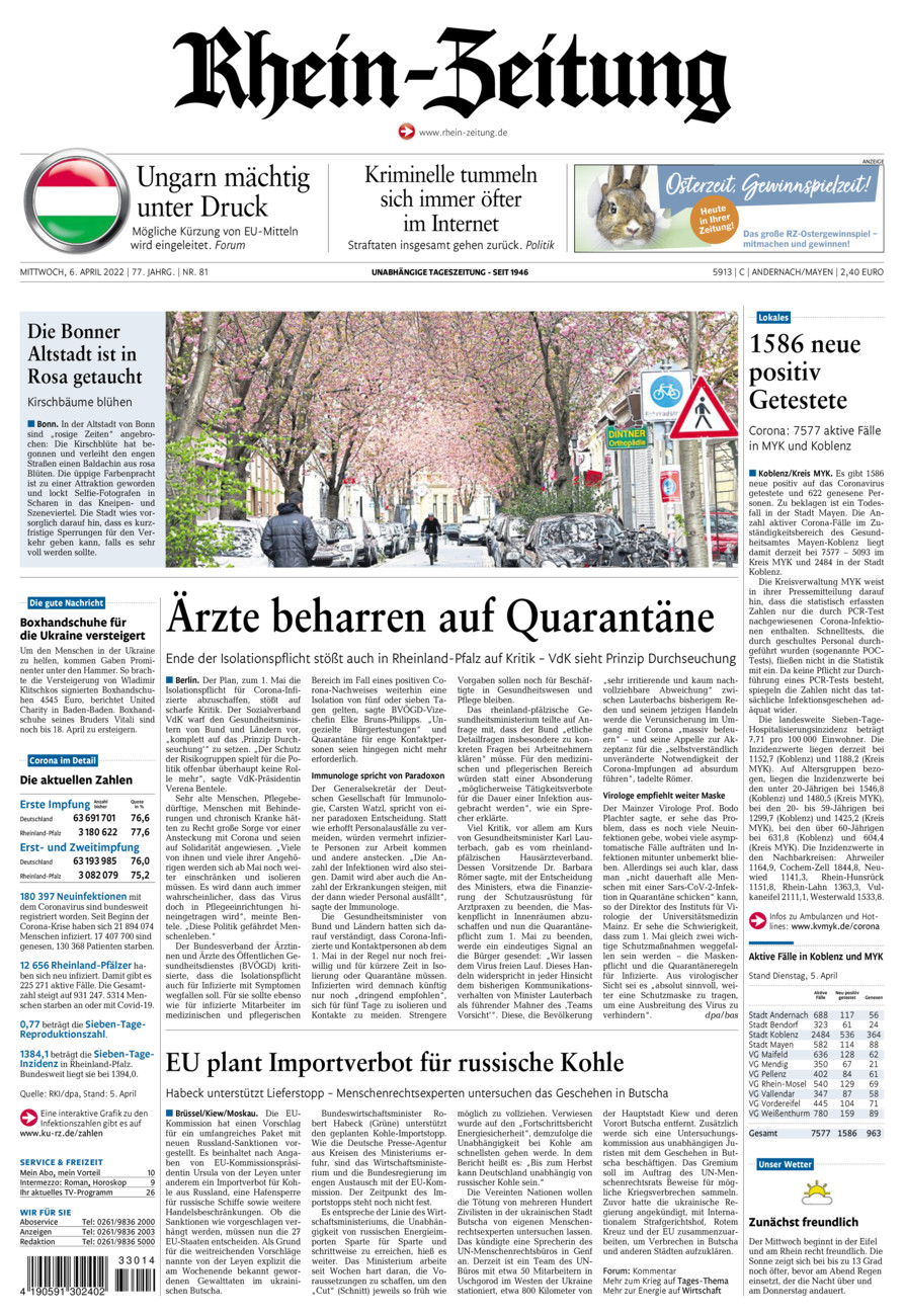 Rhein-Zeitung Andernach & Mayen vom Mittwoch, 06.04.2022