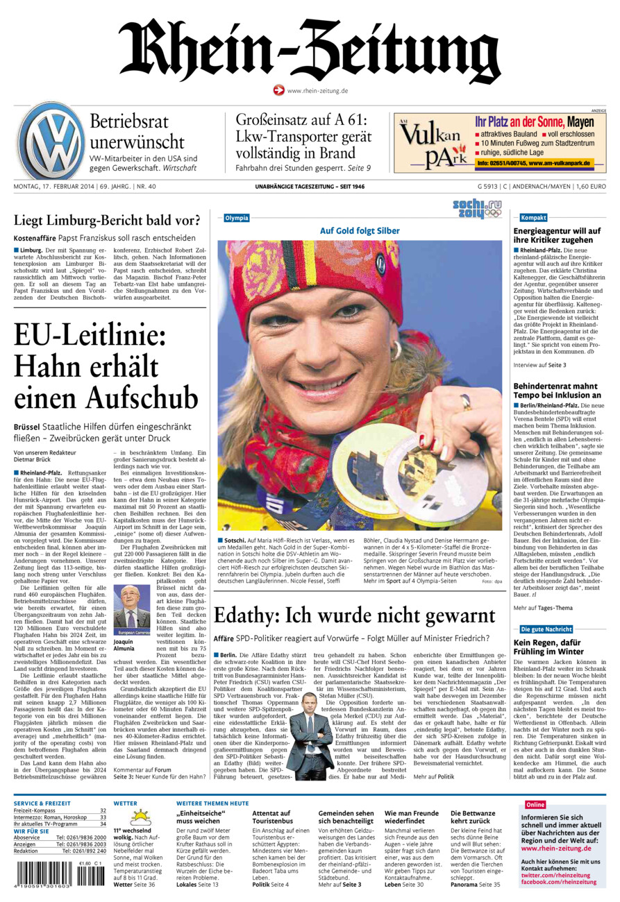 Rhein-Zeitung Andernach & Mayen vom Montag, 17.02.2014