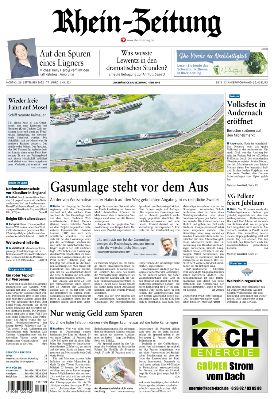 Rhein-Zeitung Andernach & Mayen vom Montag, 26.09.2022