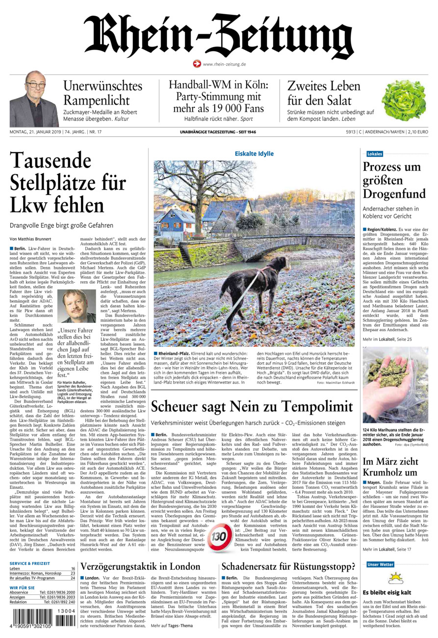 Rhein-Zeitung Andernach & Mayen vom Montag, 21.01.2019