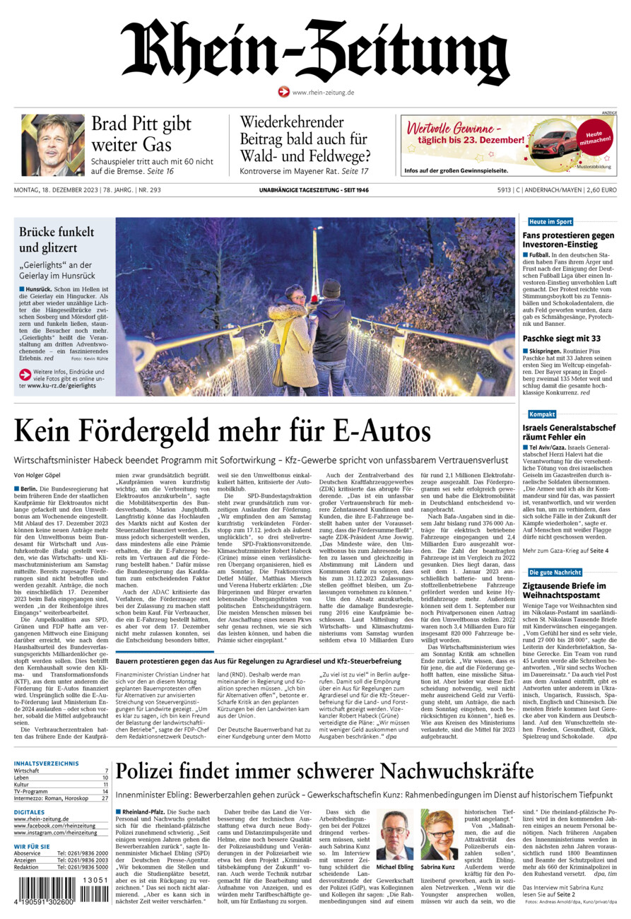 Rhein-Zeitung Andernach & Mayen vom Montag, 18.12.2023