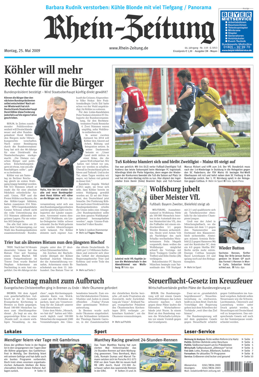 Rhein-Zeitung Andernach & Mayen vom Montag, 25.05.2009