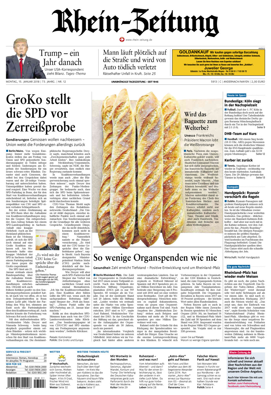 Rhein-Zeitung Andernach & Mayen vom Montag, 15.01.2018