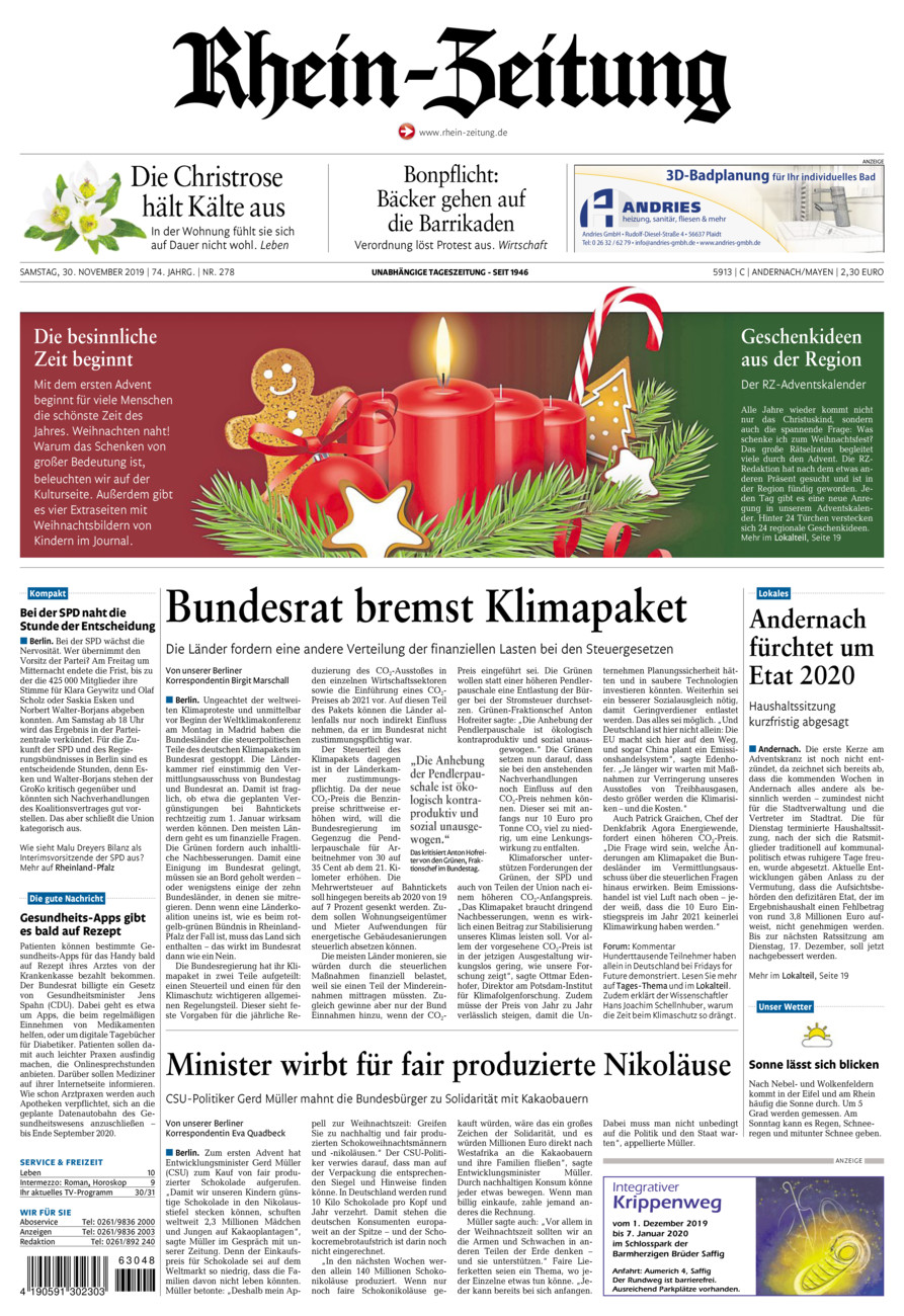 Rhein-Zeitung Andernach & Mayen vom Samstag, 30.11.2019