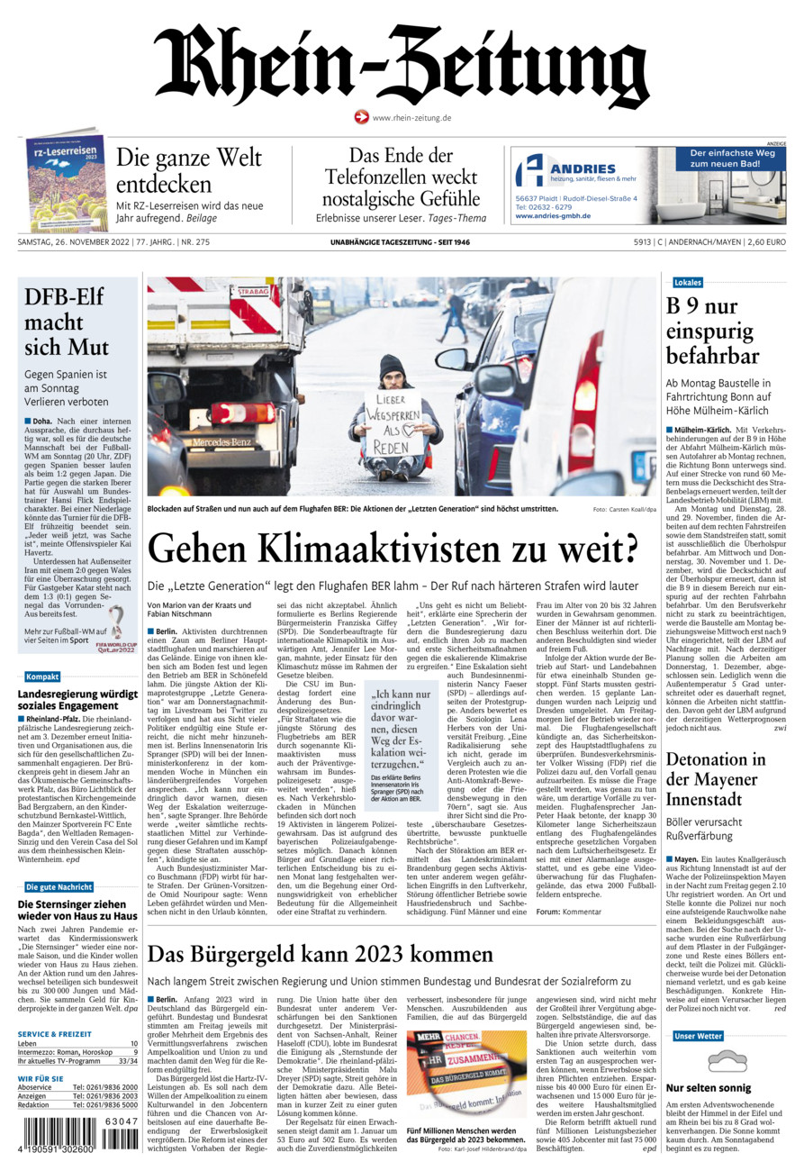 Rhein-Zeitung Andernach & Mayen vom Samstag, 26.11.2022