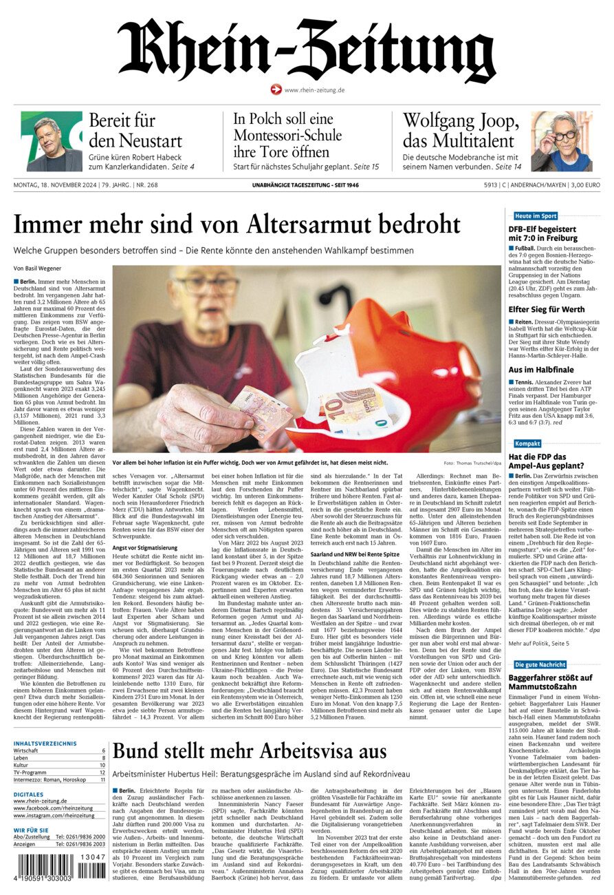 Rhein-Zeitung Andernach & Mayen vom Montag, 18.11.2024