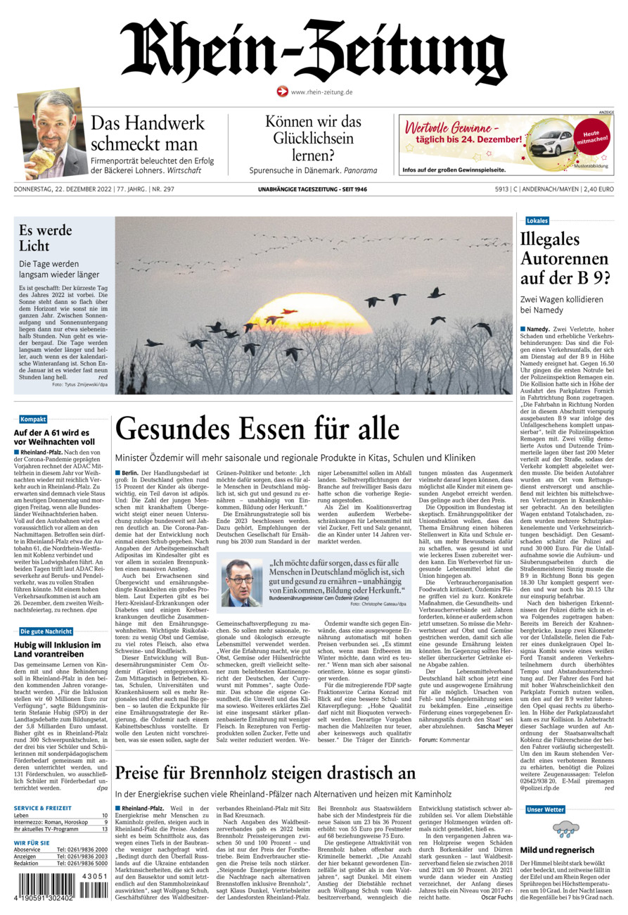 Rhein-Zeitung Andernach & Mayen vom Donnerstag, 22.12.2022