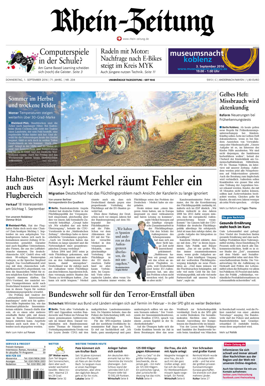 Rhein-Zeitung Andernach & Mayen vom Donnerstag, 01.09.2016