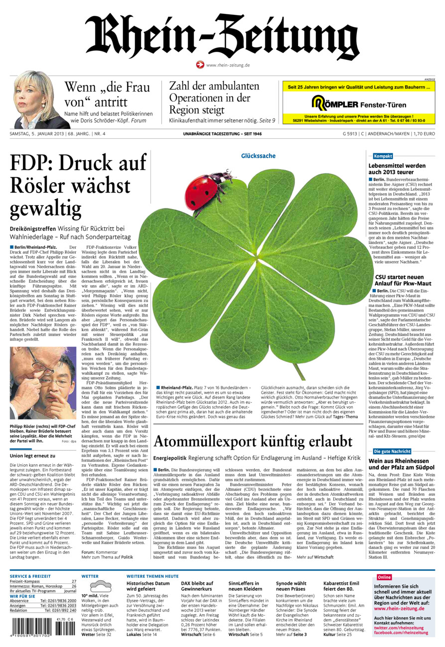 Rhein-Zeitung Andernach & Mayen vom Samstag, 05.01.2013