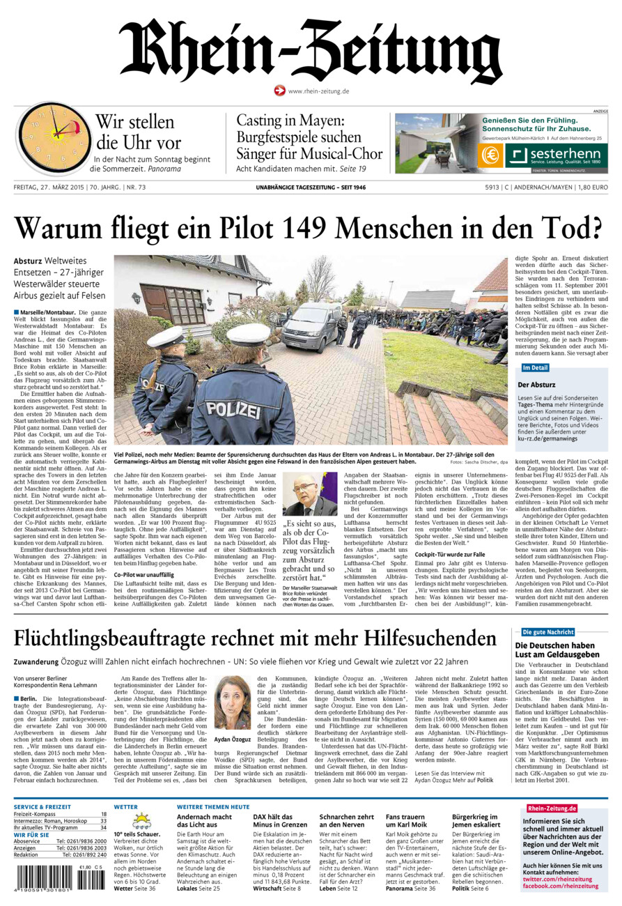 Rhein-Zeitung Andernach & Mayen vom Freitag, 27.03.2015