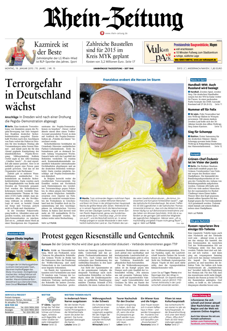 Rhein-Zeitung Andernach & Mayen vom Montag, 19.01.2015
