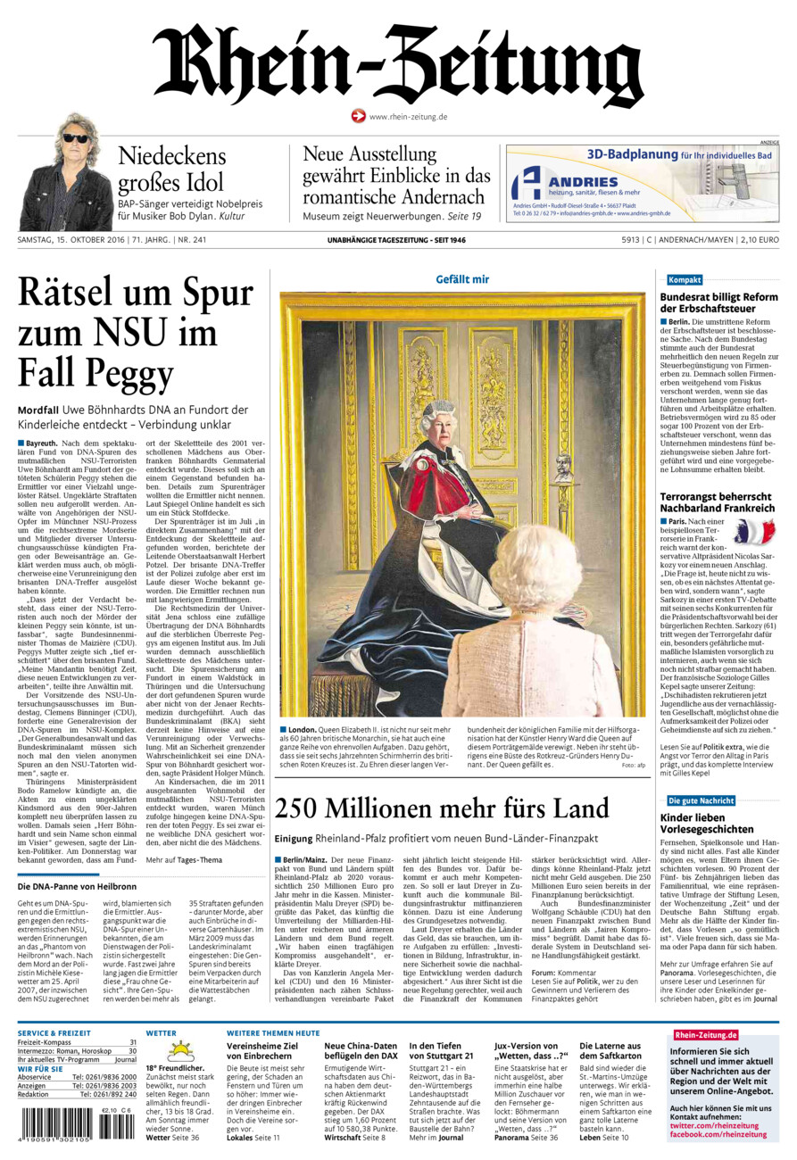 Rhein-Zeitung Andernach & Mayen vom Samstag, 15.10.2016