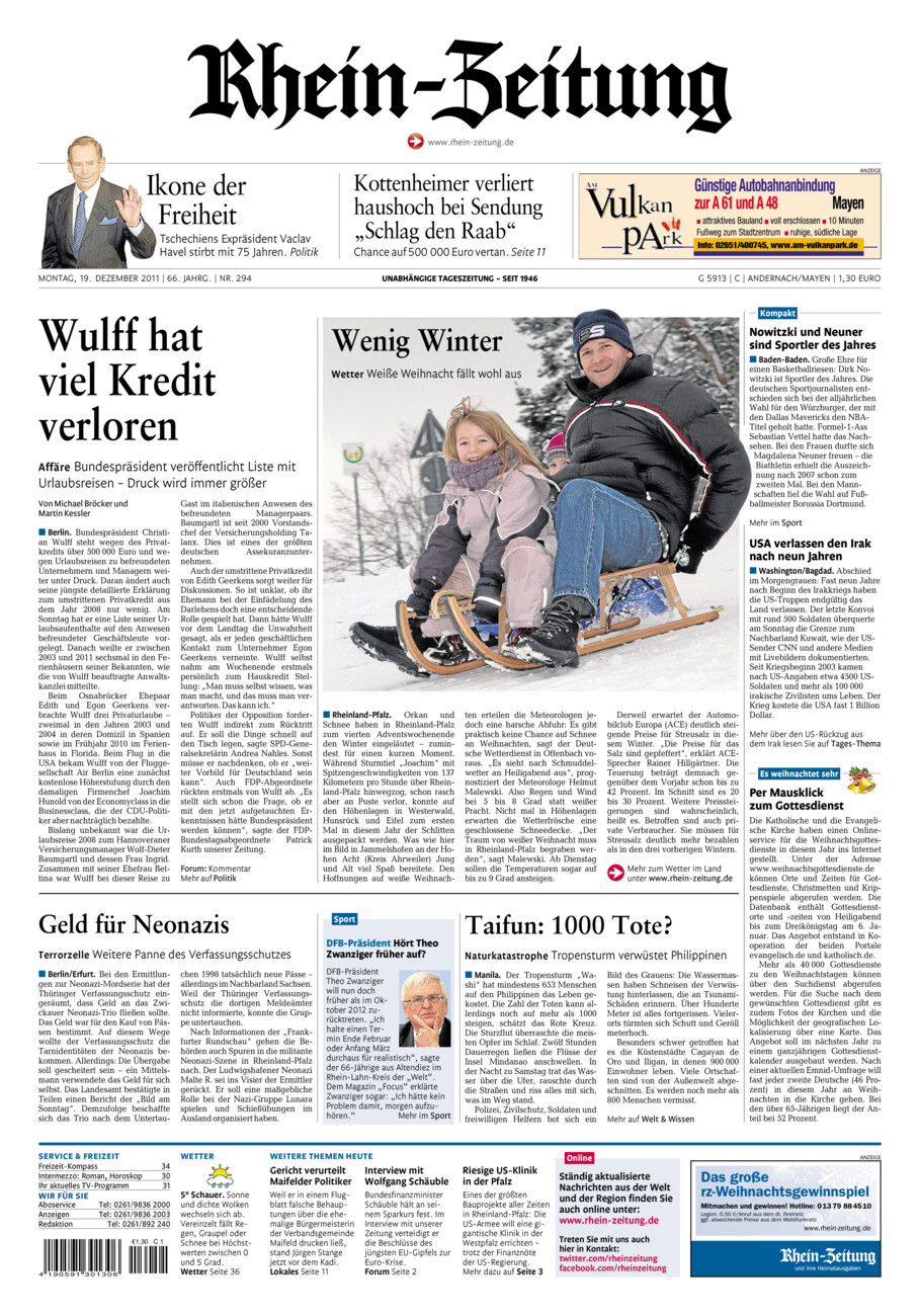 Rhein-Zeitung Andernach & Mayen vom Montag, 19.12.2011