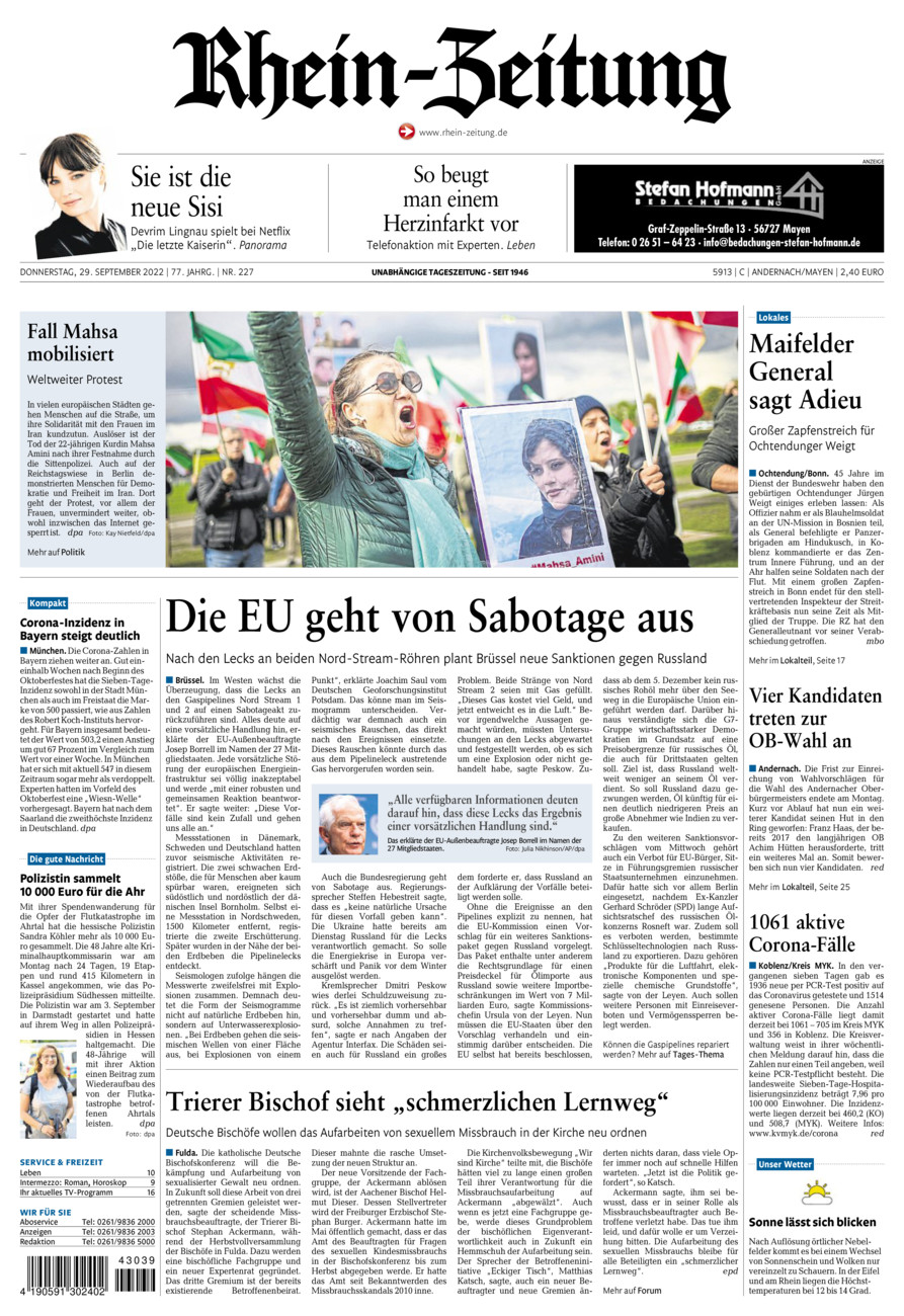 Rhein-Zeitung Andernach & Mayen vom Donnerstag, 29.09.2022