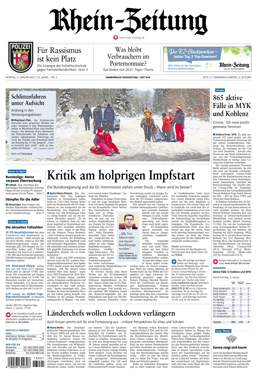 Rhein-Zeitung Andernach & Mayen vom Montag, 04.01.2021