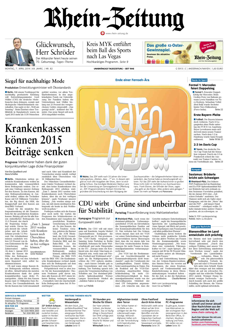 Rhein-Zeitung Andernach & Mayen vom Montag, 07.04.2014