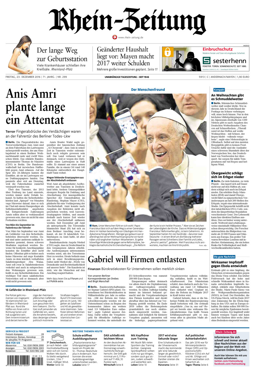 Rhein-Zeitung Andernach & Mayen vom Freitag, 23.12.2016