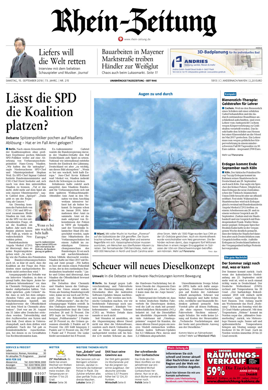 Rhein-Zeitung Andernach & Mayen vom Samstag, 15.09.2018