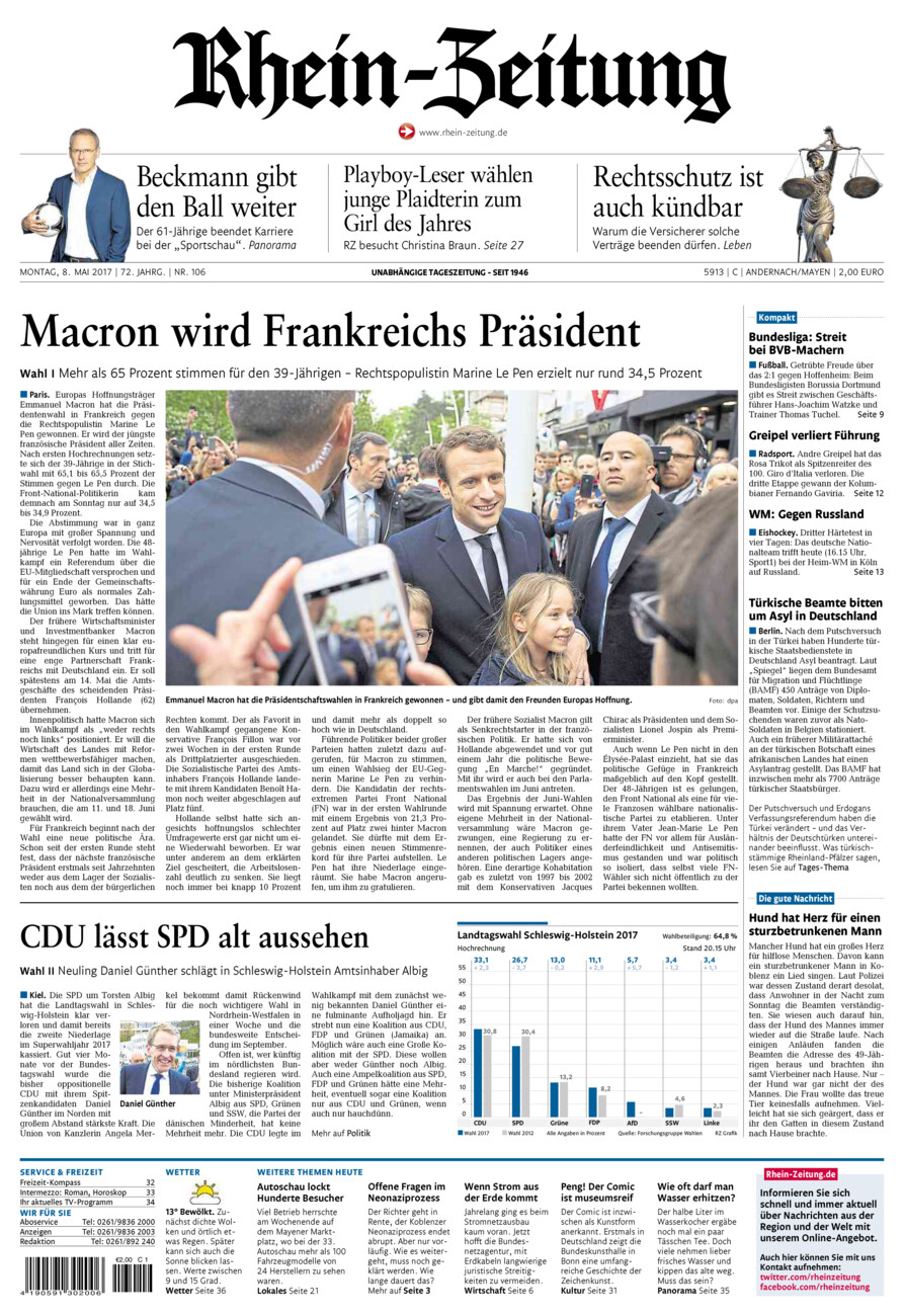 Rhein-Zeitung Andernach & Mayen vom Montag, 08.05.2017