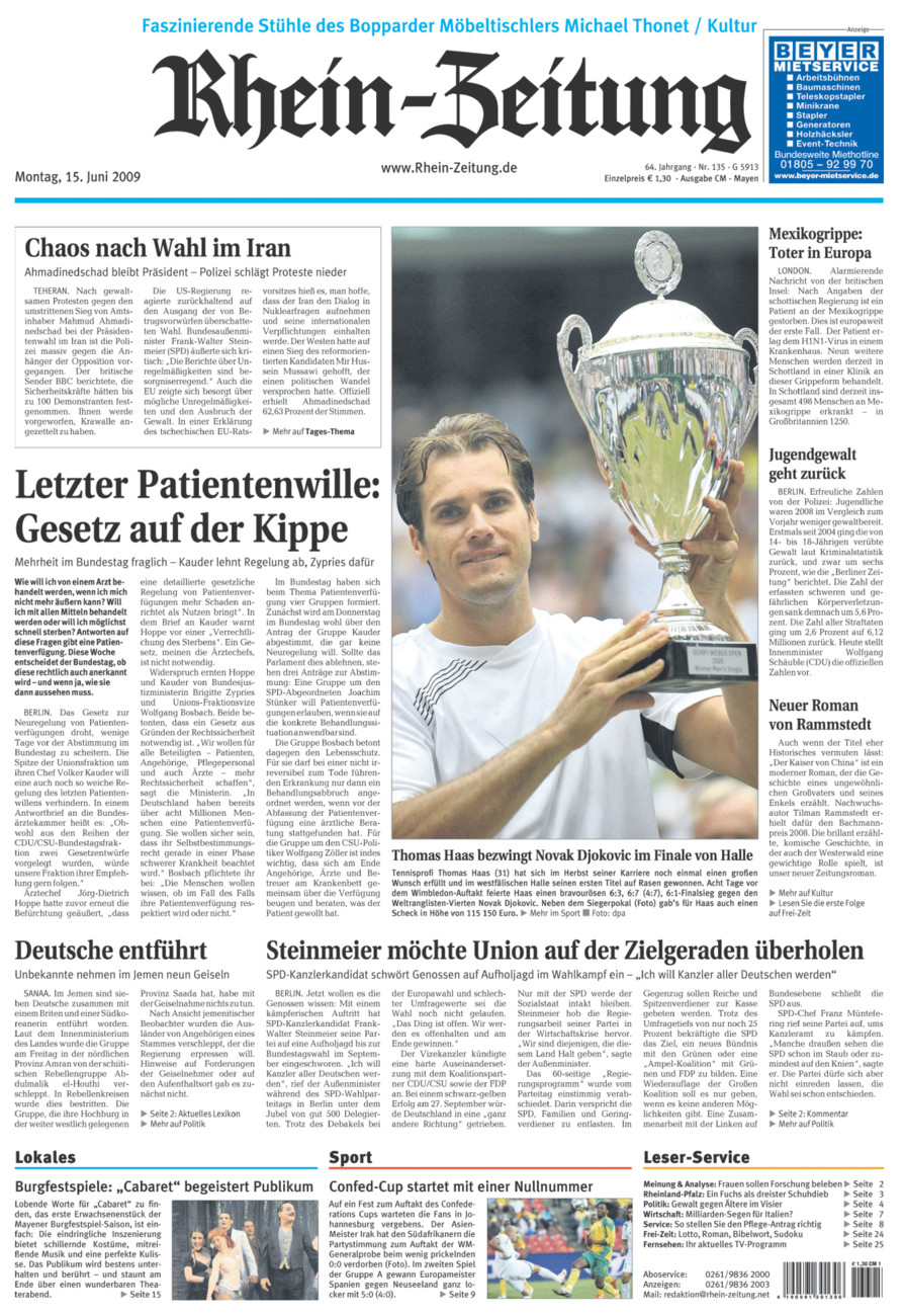 Rhein-Zeitung Andernach & Mayen vom Montag, 15.06.2009