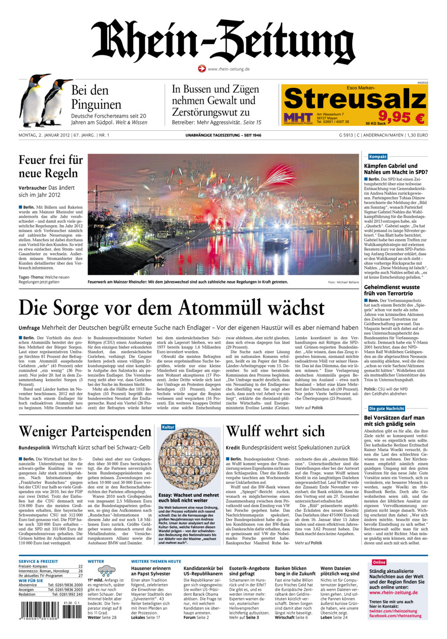 Rhein-Zeitung Andernach & Mayen vom Montag, 02.01.2012