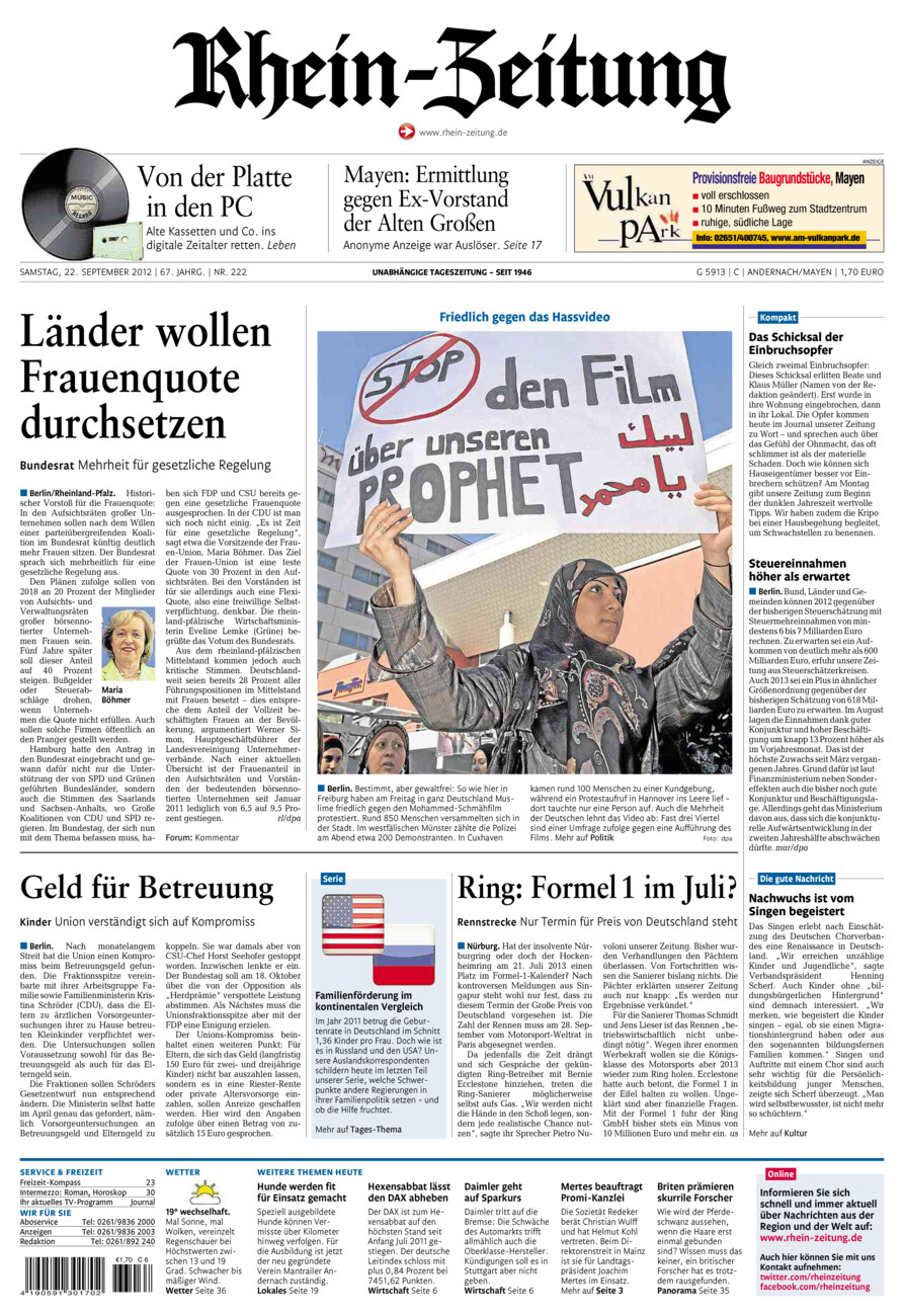 Rhein-Zeitung Andernach & Mayen vom Samstag, 22.09.2012