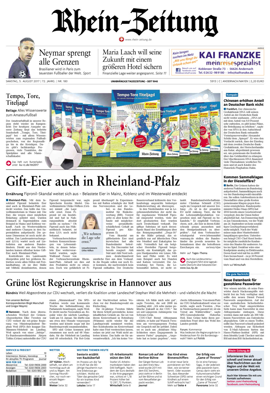 Rhein-Zeitung Andernach & Mayen vom Samstag, 05.08.2017