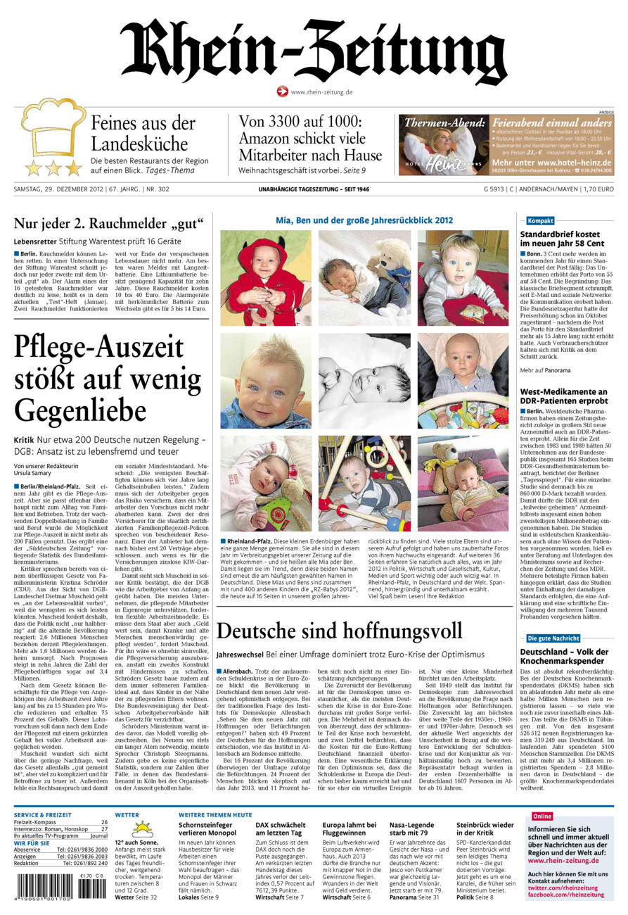 Rhein-Zeitung Andernach & Mayen vom Samstag, 29.12.2012