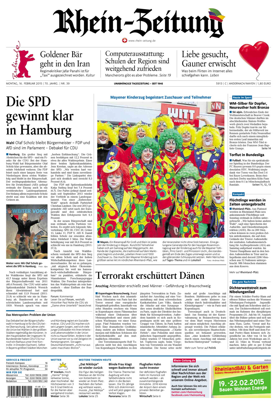 Rhein-Zeitung Andernach & Mayen vom Montag, 16.02.2015