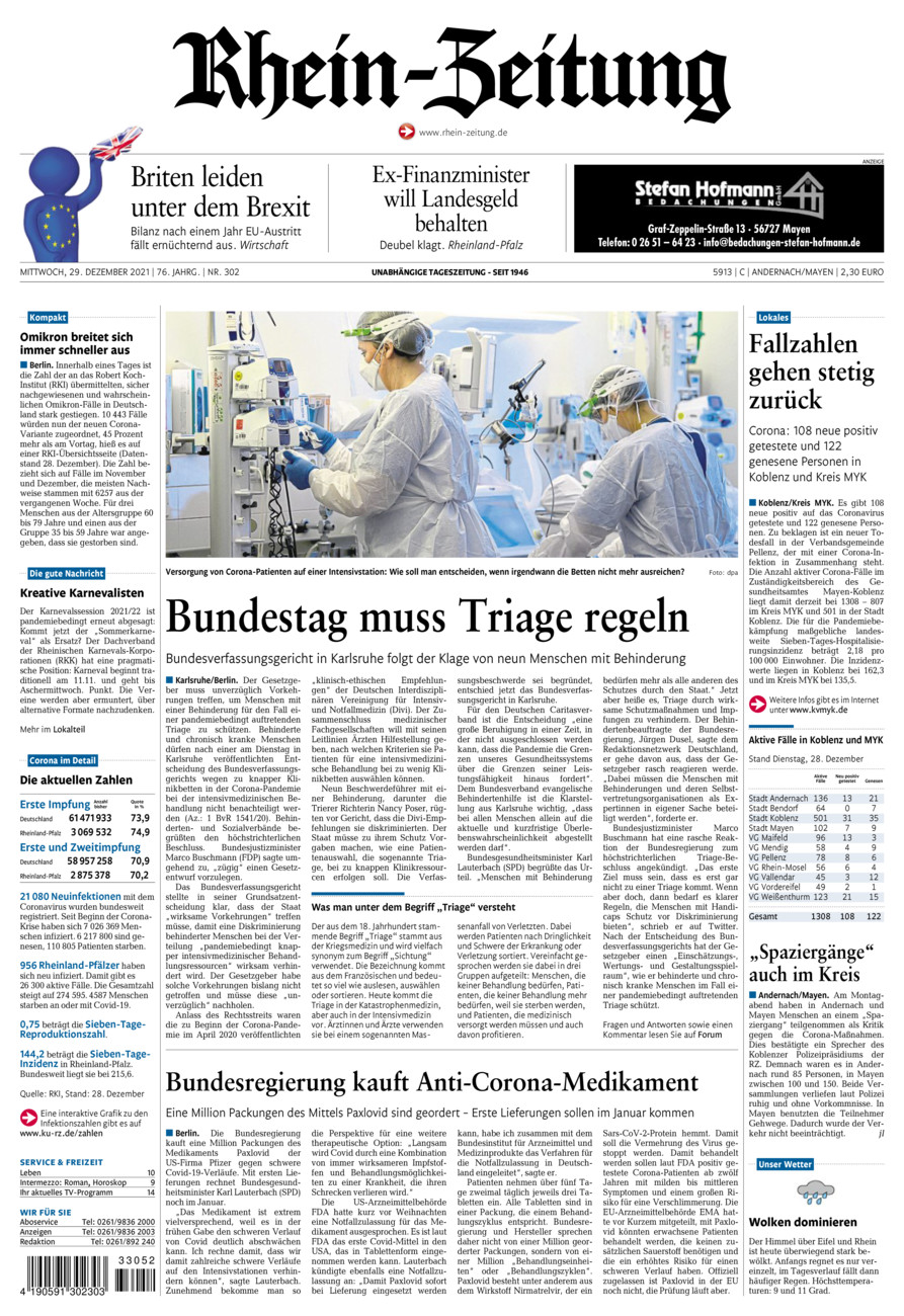 Rhein-Zeitung Andernach & Mayen vom Mittwoch, 29.12.2021