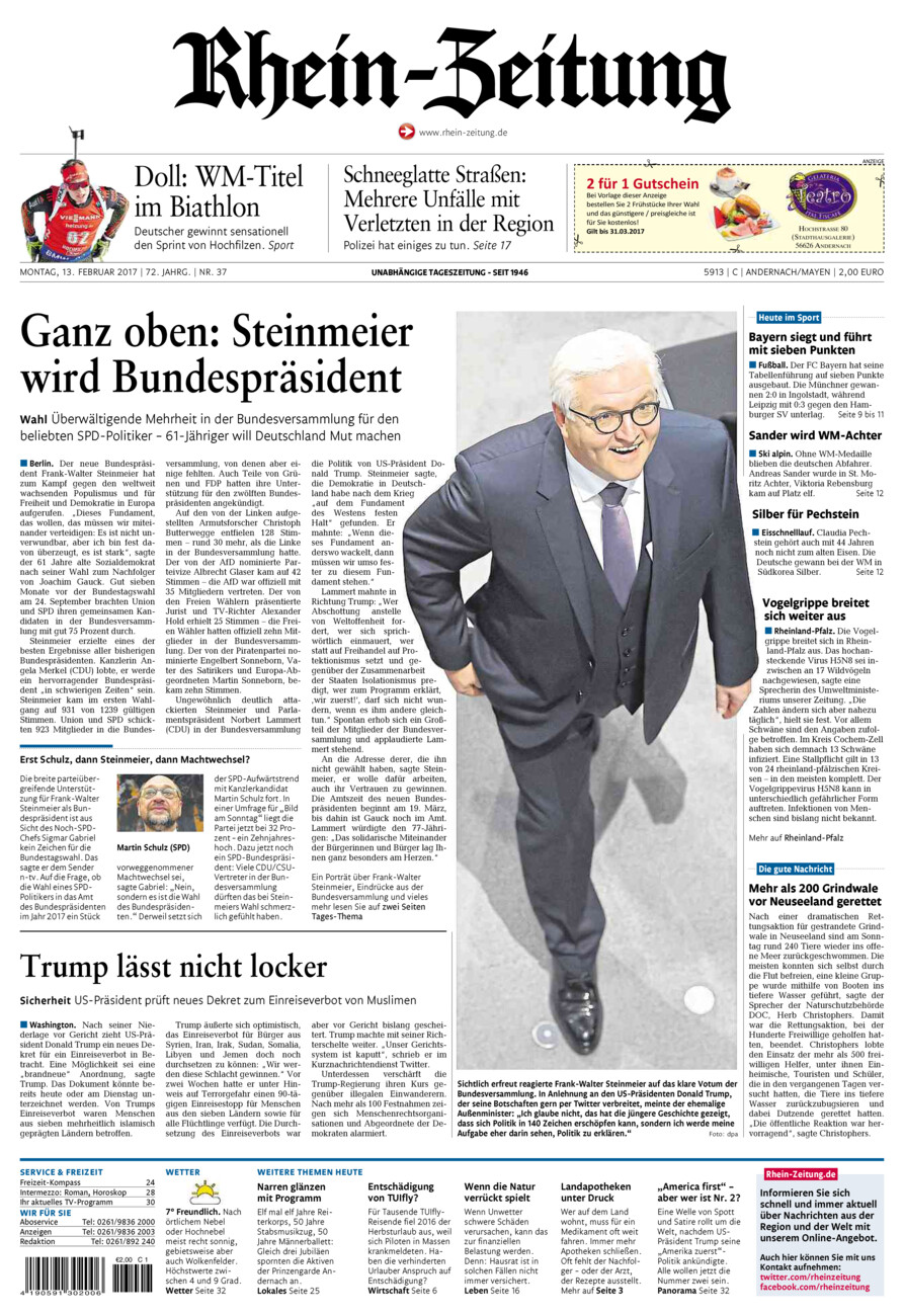 Rhein-Zeitung Andernach & Mayen vom Montag, 13.02.2017