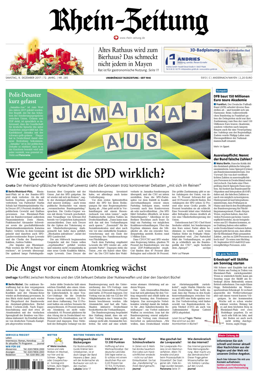 Rhein-Zeitung Andernach & Mayen vom Samstag, 09.12.2017