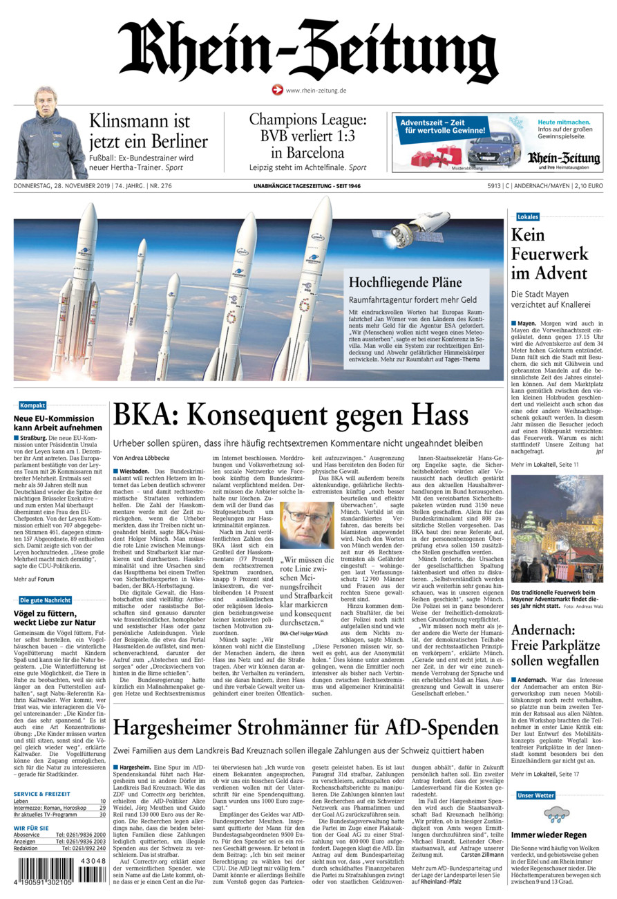 Rhein-Zeitung Andernach & Mayen vom Donnerstag, 28.11.2019