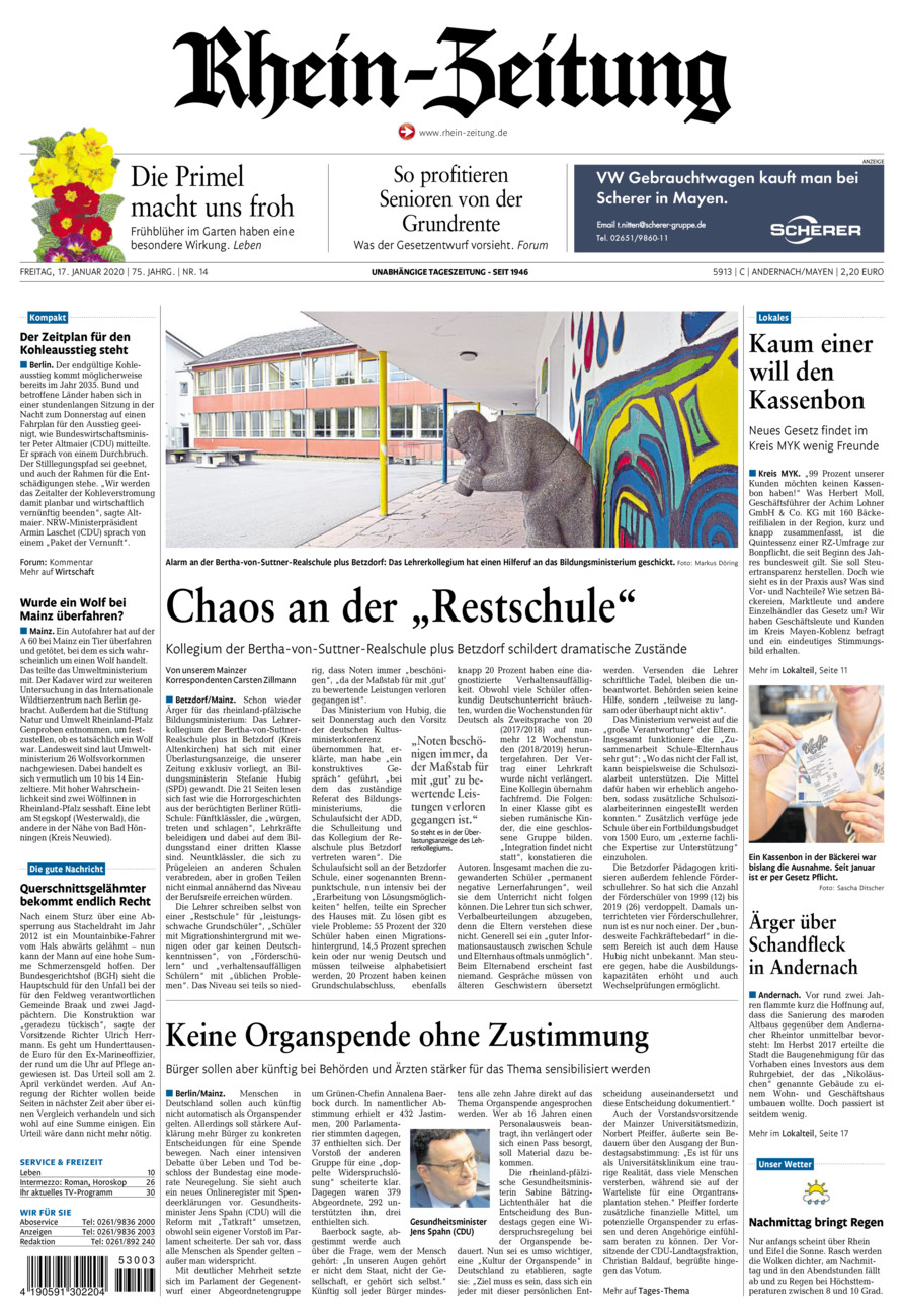 Rhein-Zeitung Andernach & Mayen vom Freitag, 17.01.2020