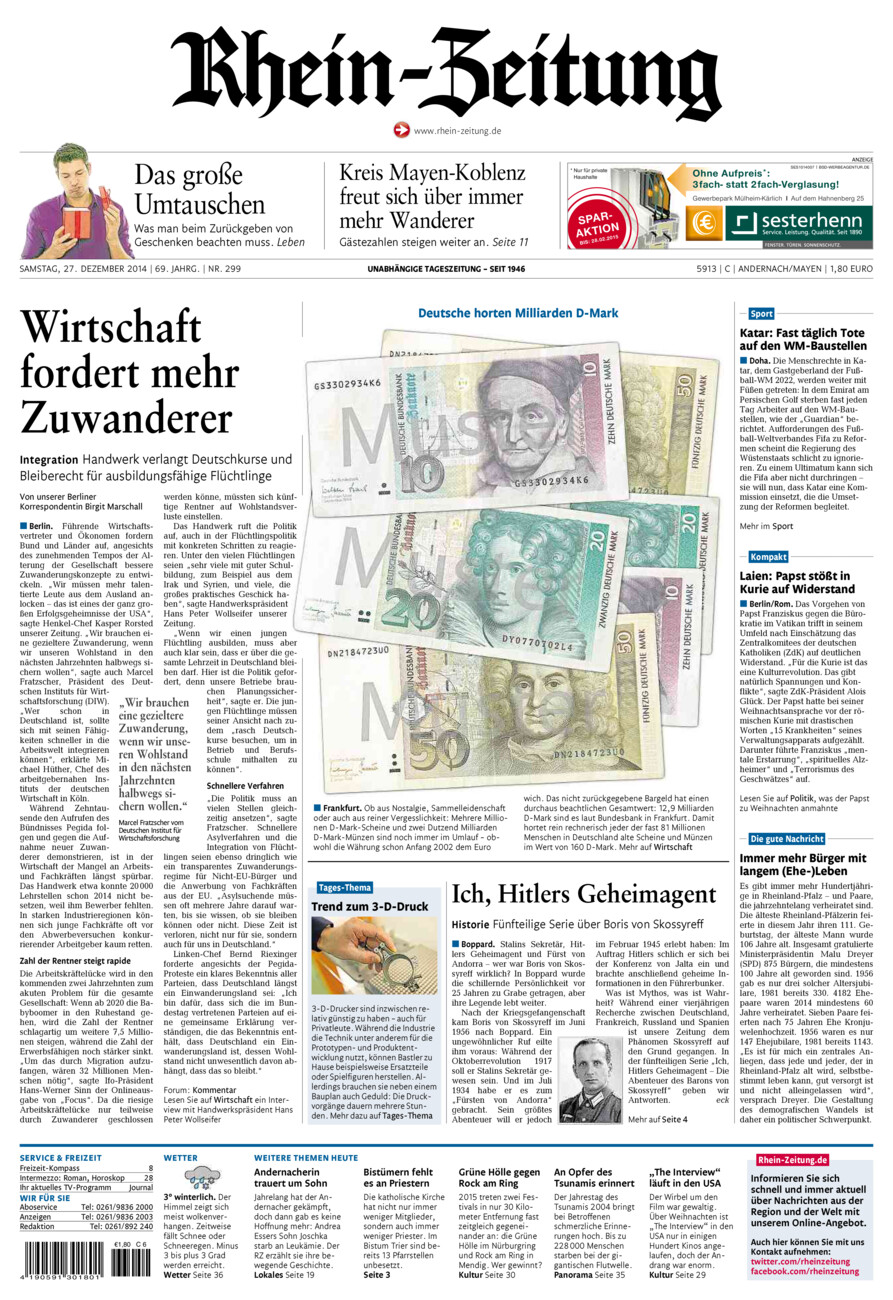 Rhein-Zeitung Andernach & Mayen vom Samstag, 27.12.2014