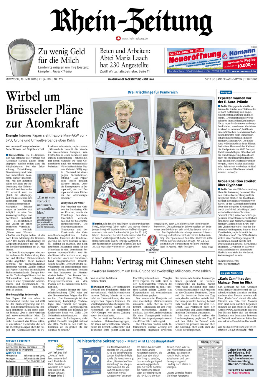 Rhein-Zeitung Andernach & Mayen vom Mittwoch, 18.05.2016