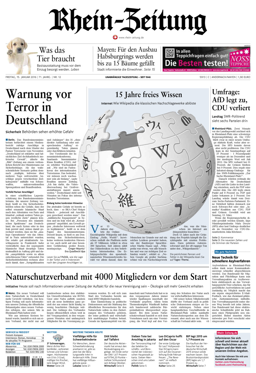 Rhein-Zeitung Andernach & Mayen vom Freitag, 15.01.2016