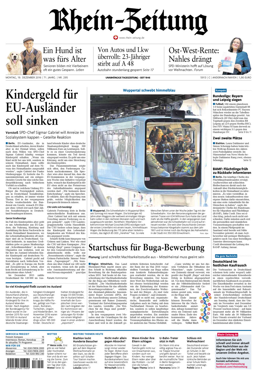 Rhein-Zeitung Andernach & Mayen vom Montag, 19.12.2016