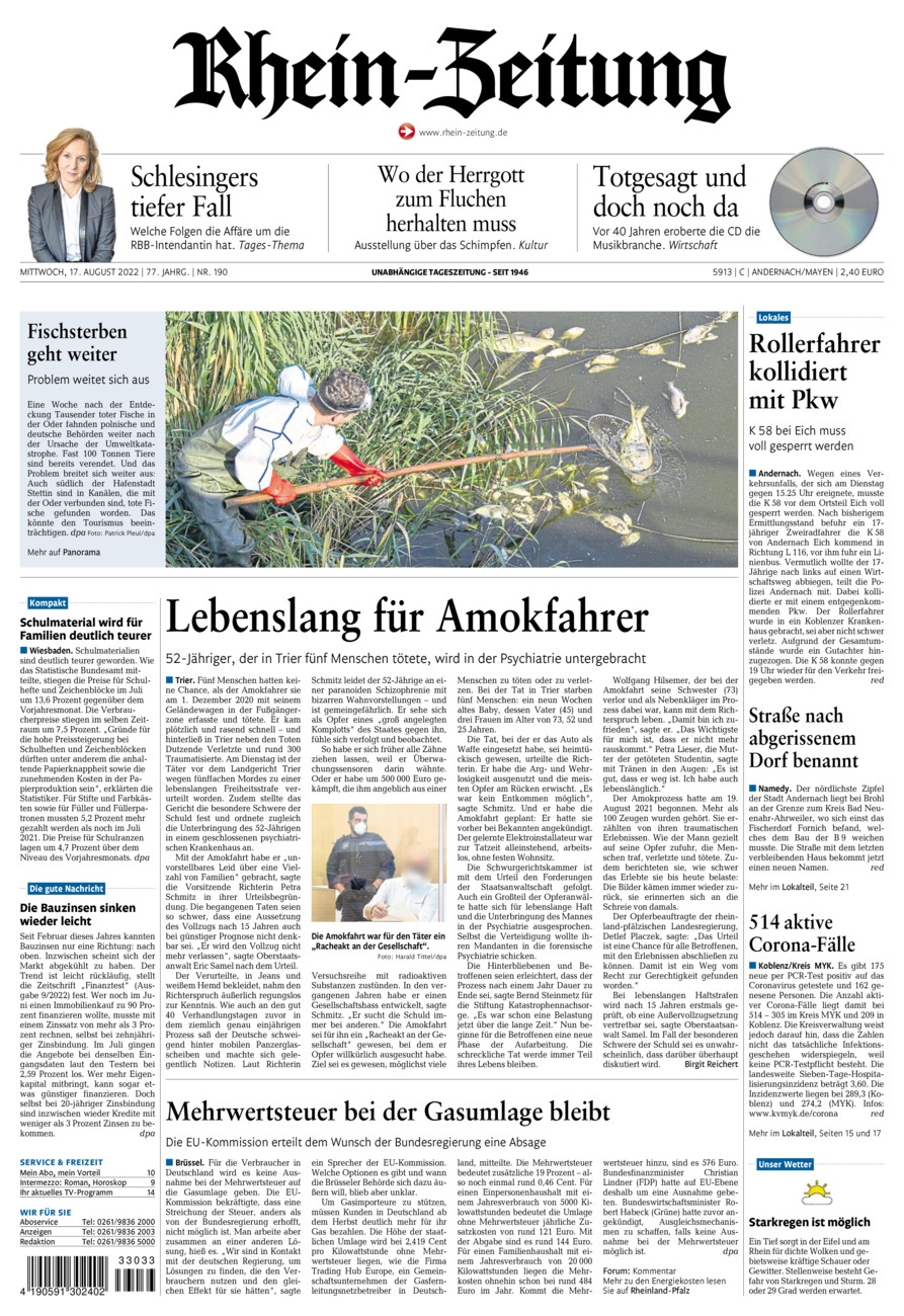 Rhein-Zeitung Andernach & Mayen vom Mittwoch, 17.08.2022