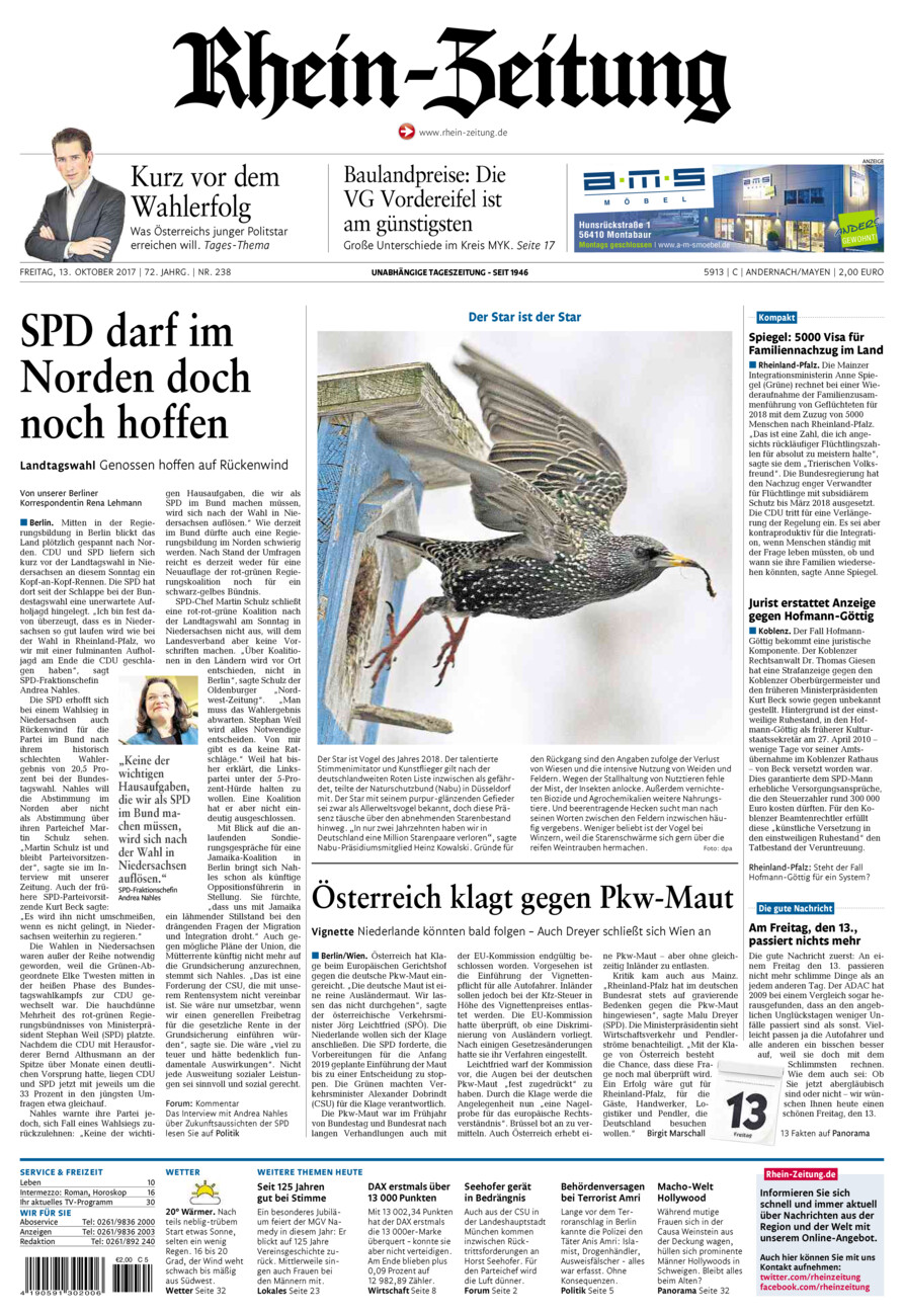 Rhein-Zeitung Andernach & Mayen vom Freitag, 13.10.2017