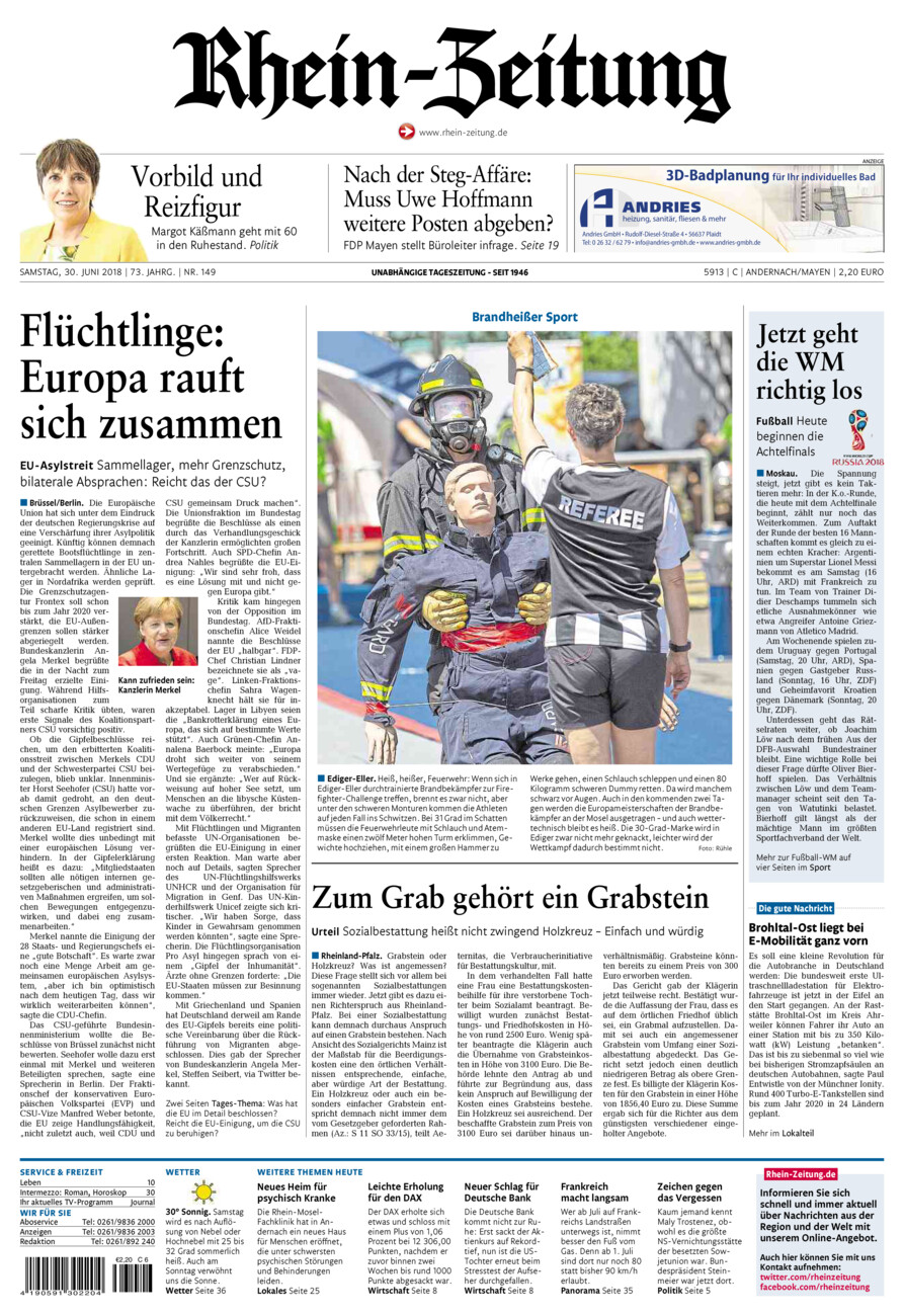 Rhein-Zeitung Andernach & Mayen vom Samstag, 30.06.2018