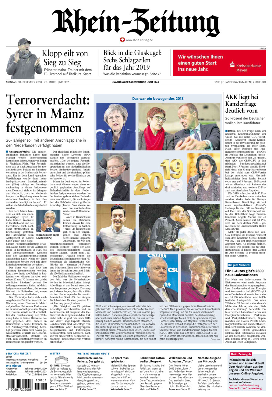 Rhein-Zeitung Andernach & Mayen vom Montag, 31.12.2018