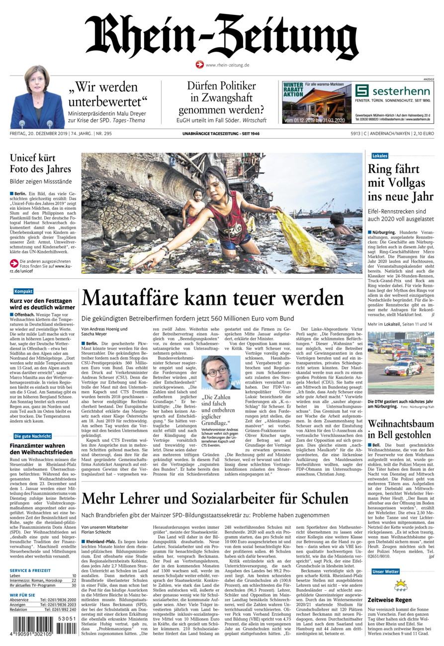 Rhein-Zeitung Andernach & Mayen vom Freitag, 20.12.2019