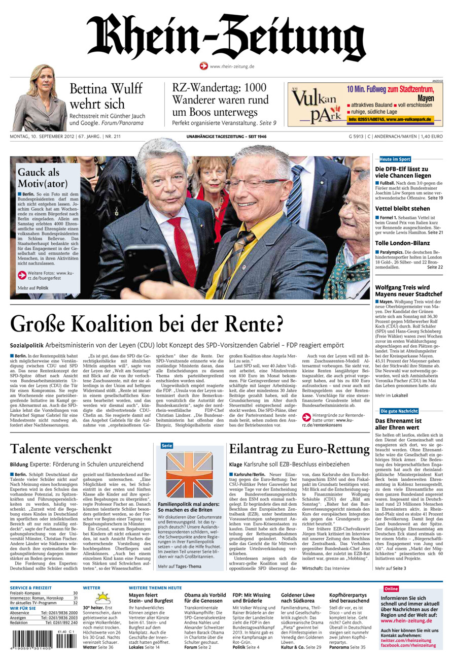 Rhein-Zeitung Andernach & Mayen vom Montag, 10.09.2012