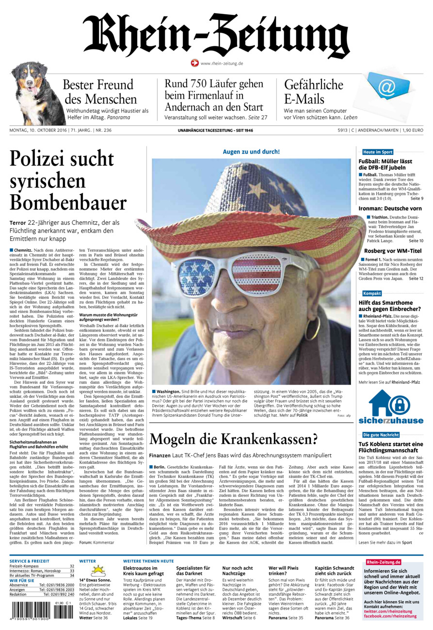 Rhein-Zeitung Andernach & Mayen vom Montag, 10.10.2016
