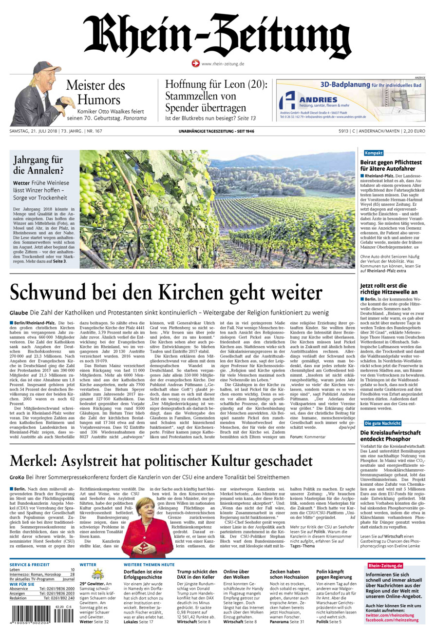 Rhein-Zeitung Andernach & Mayen vom Samstag, 21.07.2018