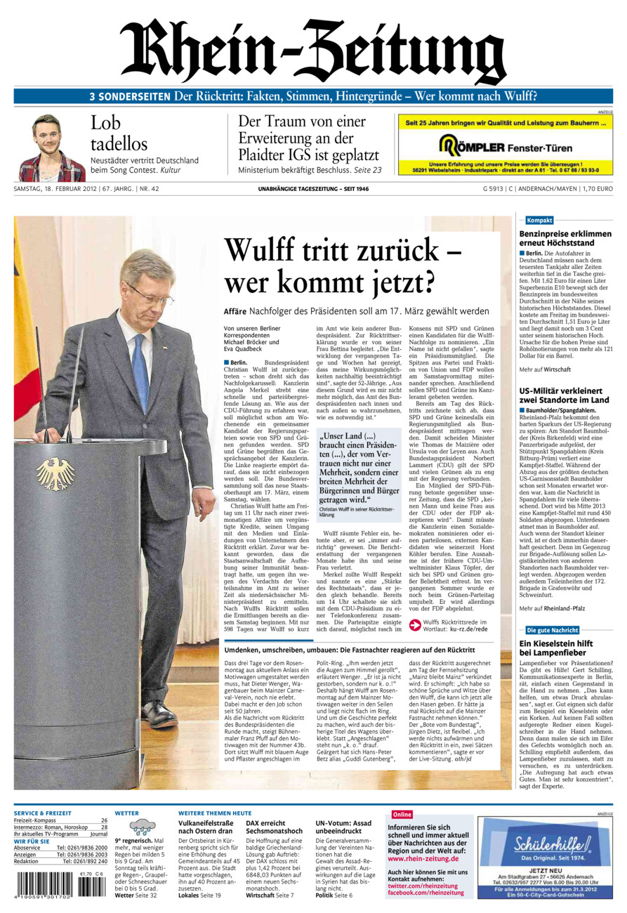 Rhein-Zeitung Andernach & Mayen vom Samstag, 18.02.2012