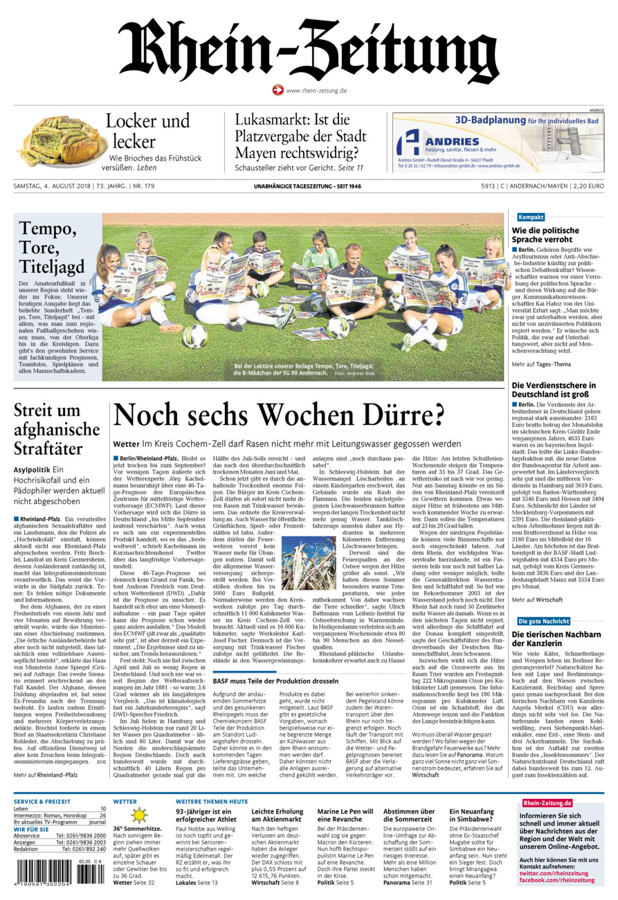 Rhein-Zeitung Andernach & Mayen vom Samstag, 04.08.2018