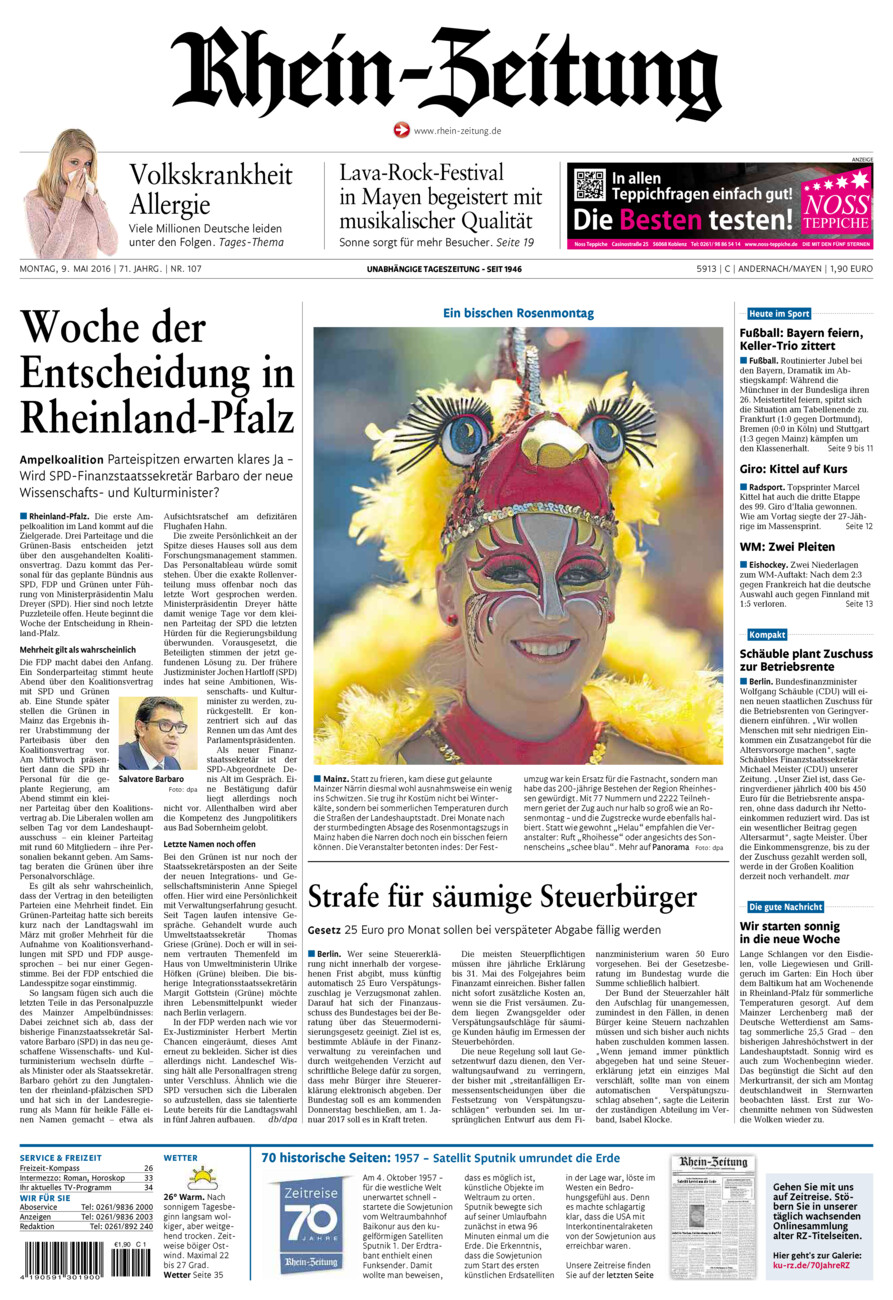 Rhein-Zeitung Andernach & Mayen vom Montag, 09.05.2016